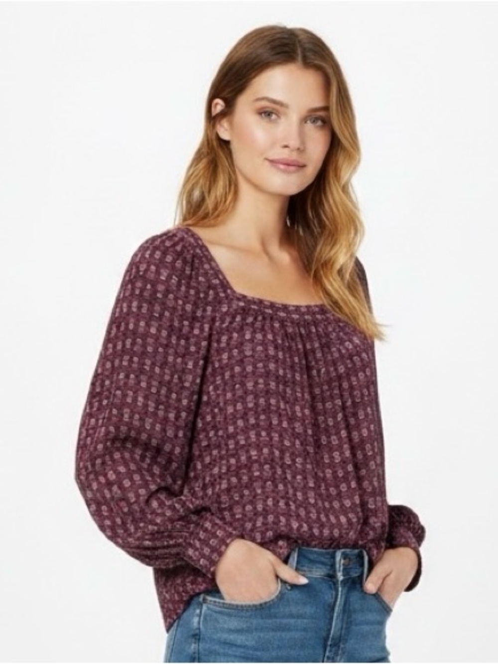 LOFT Woven Square-Neck Peasant Top in Plum size M